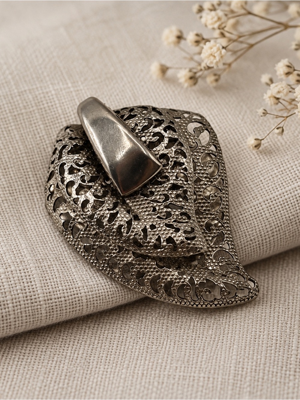 MCM Silver-Tone Filigree Leaf Brooch